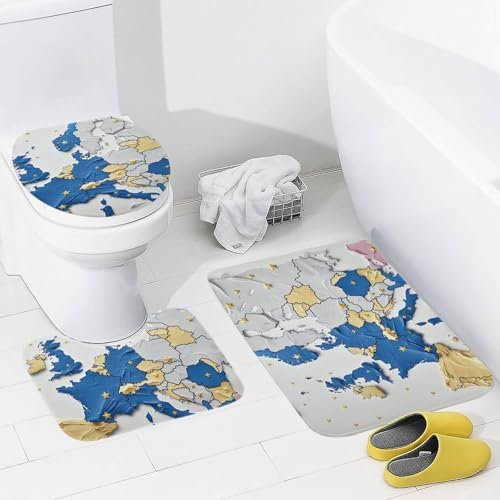 Badezimmerteppich-Set, 3-teilig, Badematte mit U-förmiger Kontur, WC-Vorleger, rutschfeste Bodenmatte, saugfähige Mikrofaser, blaue und gelbe Sterne, Badteppiche für Badezimmer, Badewanne,