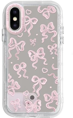 NITITOP für iPhone X/XS Hülle Spiegel Schleife Liebe Herz, Blass Rosa | Süßes Bow Fliege Muster, für Frauen Mädchen, Glitzernd Design, mit Buntem Rahmen, Stoßfeste Handyhülle