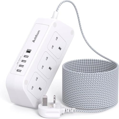 5M Extension Cable, Extension Lead with 6 Way Outlets 5 USB(5A, 1 USB C and 4 USB A Ports), 3250W Overload Protection, 5M Braided Extension cord, Surge Protection Plug Extension Socket