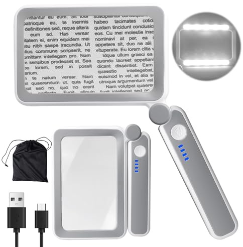 PRITOK Rechargeable 4X Magnifying Glass with Light: Folding Rectangular Lightweight LED Magnifier, Handheld Full Page Magnifier for Seniors, Books, Newspapers, Small Print (10 LED Lights)