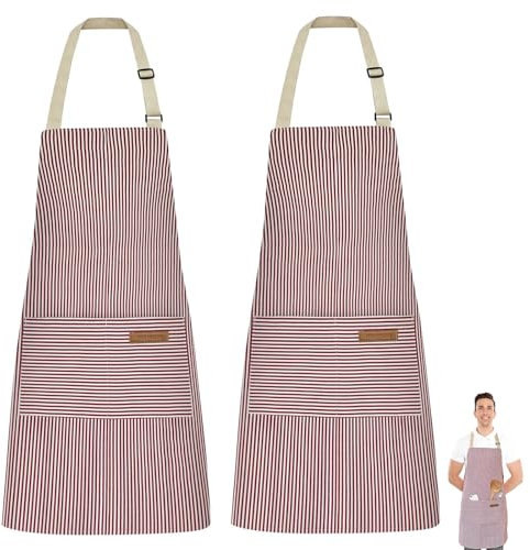 Shunshi 2 Pack Adjustable Apron, Unisex Apron with 2 Pockets, Cotton Linen Cooking Kitchen Accessories Chef Bib Aprons for Women Men Home Baking Gardening Household Cleaning BBQ Restaurant (Pink)