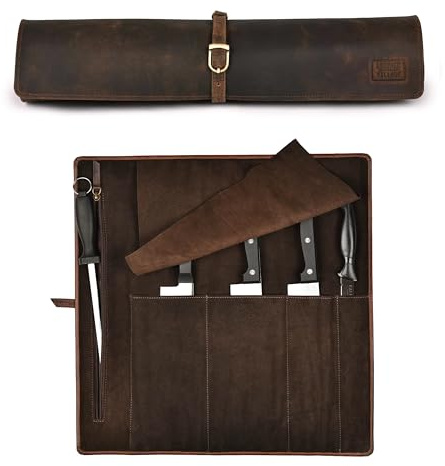 LEATHER VILLAGE Genuine Leather Knife Roll Bag – Professional Chef Carrying Case, Durable Sheath Holder, Cooks & Culinary Tools Organizer, Portable Travel Storage with 4 Slots & Zipper - Rustic Brown | Durable Sheath Holder, Cooks & Culinary Tools Organizer, Portable Travel Storage with 4 Slots & Zipper Chef Carrying Case