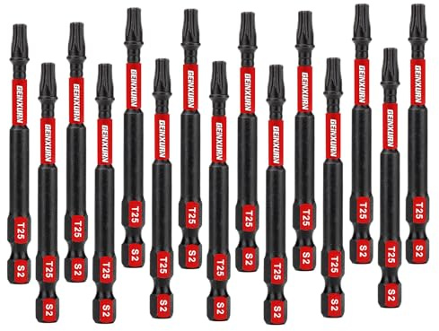GEINXURN 15 Stück T25 Schlagfester Schrauberbitsatz 75mm Länge Stark Magnetisch #25 Torx Schrauber bit 1/4 zoll Sechskantschaft Antriebsbits, S2 Legierter Stahl T25 Schraubendreher Bits Set