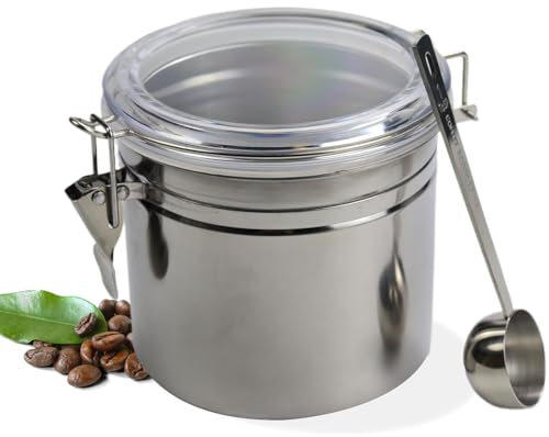 UZSUZZ Barattolo Caffè Ermetico 500g in Acciaio Inox - Contenitore per Polvere/Chicchi con Cucchiaio (Multiuso: Sale/Zucchero/Spezie/Tè) - Coperchio Hermetico Trasparente Senza BPA