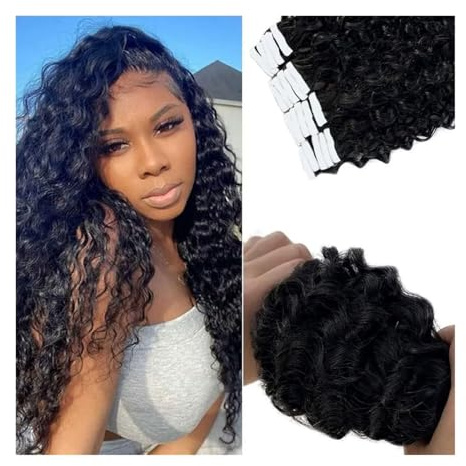Extensions Echthaar Lockige Tape-in-Haarverlängerungen, schwarzes Echthaar, echtes Tape-in-Extensions, natürliche Wellen, Tape-in-Haarverlängerungen, tiefschwarzes Haar #1B Haarverlängerung Echthaar(2