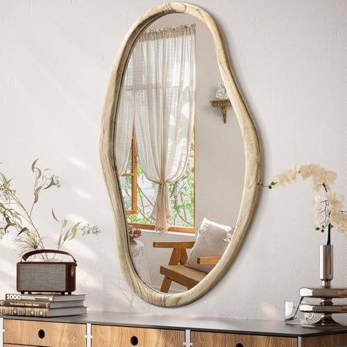 JJUUYOU Irregular Wood Mirror Asymmetrical Bathroom Wall Mounted Mirror 85x55cm Large Horizontal or Vertical Hanging Wall Mirrors for Makeup Bedroom Living Room Wood
