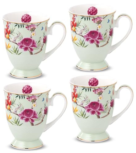 Porcelain Mugs Set of 4, 11oz/330ml New Bone China Coffee Cups with Multi-Coloured Floral Bird Pattern, Afternoon Tea Latte Cappuccino Home Kitchen Office Gift Mug Set (Green)