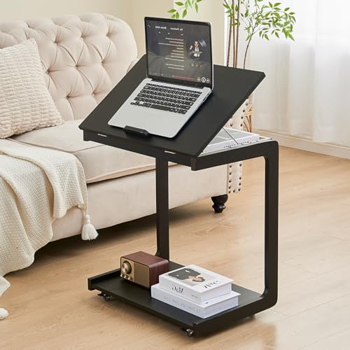 Black Side Table - C Shaped End Table for Couch, Wooden Small Black End Table for Living Room, Couch Tables That Slide Under Sofa, Rolling Side Table with Wheels for Bedroom, Sofa Tray for Laptop