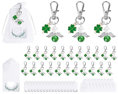 Fyshird 20 Stück Schutzengel Schlüsselanhänger mit Kleeblatt Grün Anhänger Glücksbringer Geschenkanhänger Gastgeschenke für Hochzeit Taufe Abschied Dankeschön Kommunion Konfirmation Geburtstag