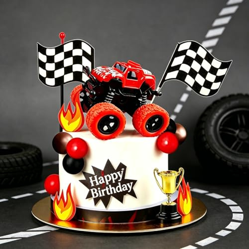 JeVenis Red Monster Truck Cake Topper Monster Truck Cupcake Toppers | Monster Truck Party Decorations Monster Truck Birthday Decorations