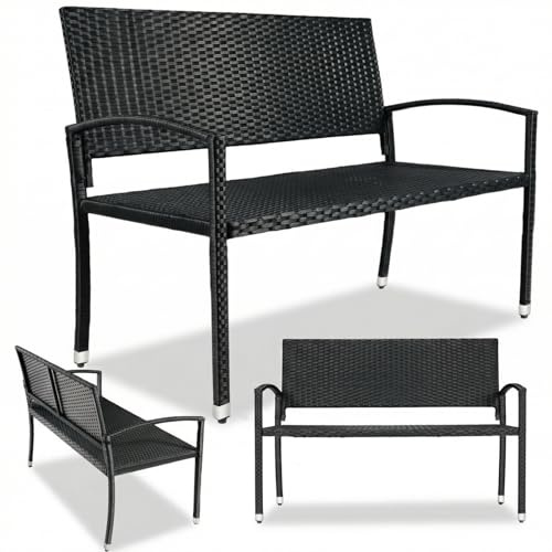 Clevich Gartenbank Rattan Wetterfest, 2 Sitzer Sitzbank, Terrassenbank mit Armlehnen, 320 kg Belastbar Balkon Bank, 122x60x85 cm Gartenmöbel für 2-3 Personen, für Innen- und Außenbereich, Schwarz
