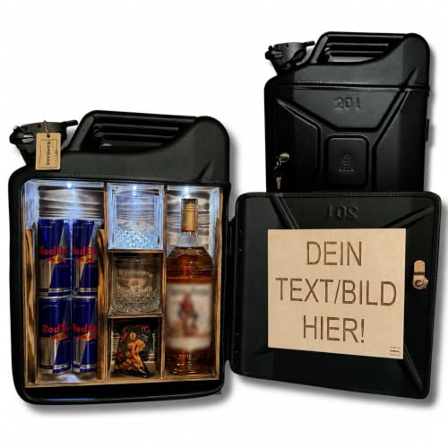 Bombaro 20L Kanister Mini Bar Premium I Maximal personalisierbar mit Gravur & LED Beleuchtung I 2 Whiskygläser I Jerrycan I Mobile Kanister Bar Geschenk für Männer I Abschließbare Minibar