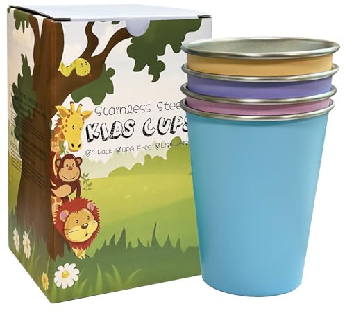 LOZACHE Stainless Steel Cups for Kids, 4 Pack 12oz Metal Cups Pint Tumbler Premium Camping Drinking Glasses Stackable Pint Tumblers for Boys Girls Children Adults, BPA Free, Unbreakable