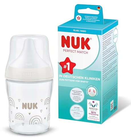 NUK Perfect Match Glasbarnflaska | 0+ månader | 120 ml | Anti-kolikmatningsflaska | Temperaturkontrollindikator | Regnbåge | 1 styck