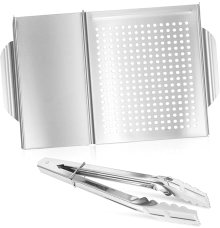 Gatuida Bandeja Parrilla Barbacoa Acero Inoxidable con Pinzas para Cocinar Resistente con Asas Dobles y Malla Uniforme para Carne Verduras y Mariscos