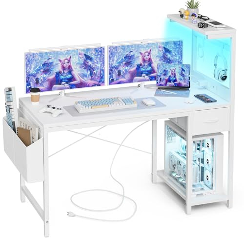 Grandder Escritorio Gaming 120x50 cm con Enchufe LED RGB Estantes Abatibles Cajón Organizador para PC Portátil Hogar/Oficina Incluye Bolso Fibra Carbono Negro