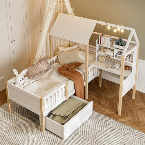Kinderbett 90 x 200 cm mit Rausfallschutz und Lattenrost, L-förmigem Hausbett mit Schreibtisch und Bücherregal, Einzelbett mit Schublade, Multifunktionales Bett aus Massivholz, Weiß (Weiß, 90x200CM)