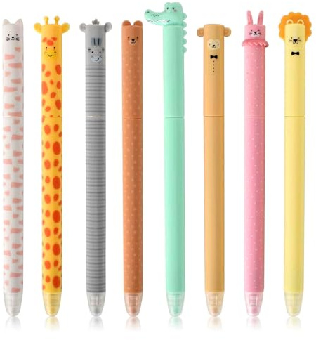 Caelura 8 Stück Radierbarer Kugelschreiber, Radierbare Stifte mit Tierkopf, Cartoon Gelstifte Radierbar, 0,7mm Blau Mine, Kugelschreiber Radierbar für Kinder Studenten Schule Büro(Blau)