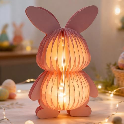 3D Papier Waben Ostern Hase Deko Figuren, Papier Osterhasen Ornamente mit Lichterketten, Papierwaben Osterdeko Wiederverwendbar, Papierhase für Schlafzimmer, Tisch, Esstisch, Party Deko (Rosa)