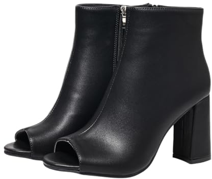 Botines de punta abierta para mujer, con cremallera lateral, tacón de bloque, para oficina y fiesta, Black, 37 EU