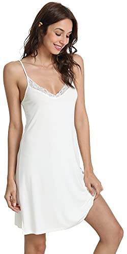 GYS Women's Bamboo Viscose Full Slips for Under Dresses Soft Adjustable Spaghetti Straps Cami Slip Dress, White, Large