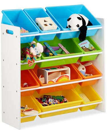 Relaxdays Kinderregal mit Regalboxen, Aufbewahrungsregal, buntes Spielzeugregal, MDF+Kunststoff, HxBxT 88x86x31 cm