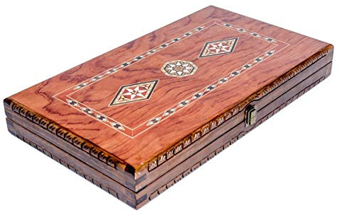 Backgammon Set Mosaic and Carved Design - Foldable Rosewood Board - Classic Board Game - Size 20,5