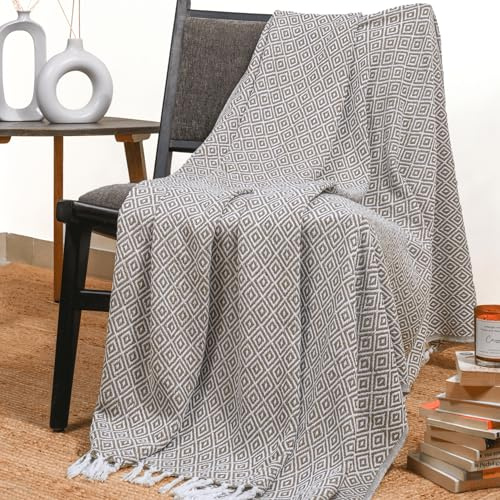 RAJRANG BRINGING RAJASTHAN TO YOU Bauernhaus-Überwurfdecke mit weißen Quasten, 127 x 152 cm weiche Mini-Diamant-Vintage-Überwürfe für Sofa, Stuhl, Couch, Schlafzimmer, Heimdekoration Shitake Braun