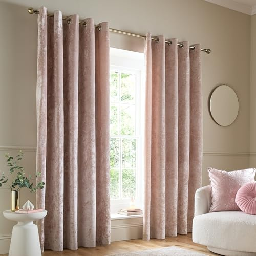 Catherine Lansfield Crushed Velvet 66x90 Inch Lined Eyelet Curtains Two Panels Blush Pink