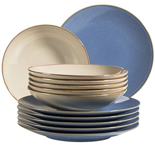 MÄSER Ossia 931873 Série Ossia Lot de 12 assiettes à soupe modernes pour 6 personnes avec assiettes creuses en grès gris sable et bleu clair