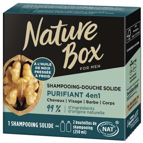 Nature Box - Shampoing Solide 4 en 1 Purifiant - A l'Huile de Noix Pressée à Froid - Cheveux/ Cuir Chevelu / Barbe / Corps - 99% d'Ingrédients d'Origine Naturelle - Savon de 85g