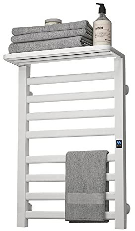 WPHH Radiatore Scaldasalviette Elettrico con Timer Touch, Portasciugamani Elettrico da 8 Bar con Ripiano Superiore, Termoarredo Elettrico A Parete per Bagno, Lega di Alluminio,Bianca,Plug in