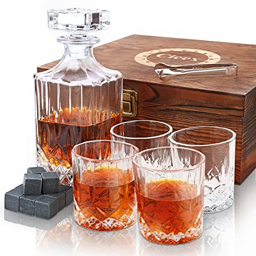 Cieex Set di caraffa per whiskey, 750 ml, con 4 bicchieri da whisky da 220 ml, 12 pietre, bella idea regalo, regalo per la festa del papà, per uomini, trasparente