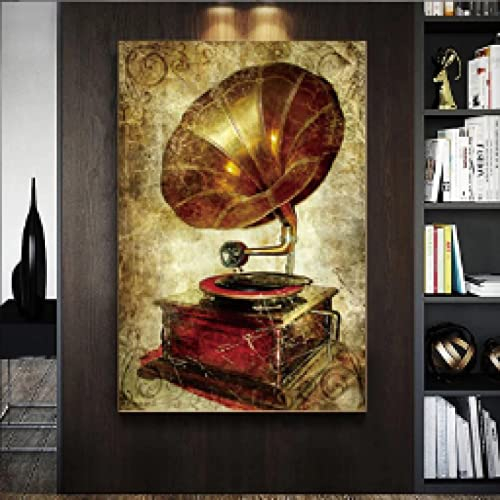 Zhadongli Art Wandkunst auf Leinwand, Gemälde, Vintage, antikes Grammophon, Retro, Kunsthandwerk, Wandbild, Bar, Kaffee, Dekoration, Leinwand, Kunstwerke, Drucke, 40 x 60 cm (16 x 24 Zoll) mit Rahmen