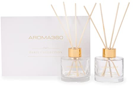 Aroma360-24K Magic - Paris Collection Reed Diffuser Duo - Luxury Aromatherapy Diffuser - Hints of Zesty Citrus, Floral Jasmine, & Lily - Essential Oil Diffusers - Shelf Decor - Home & Office