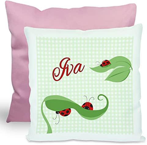 CreaDesign, Kinder Kissen 40x40 cm personalisiert mit Namen, Kinderzimmer Deko Kissen Kinder mit Füllung Federn, Motiv Marienkäfer, Rückenfarbe Rosa