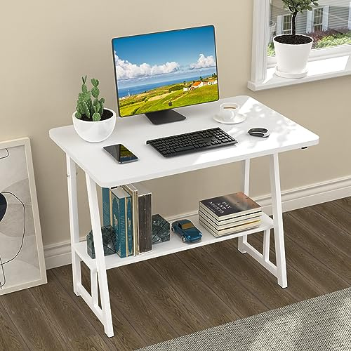 Rcynview Scrivania bianca con libreria, tavolo per PC con estrattore per tastiera e scaffale, scrivania per computer con ripiano, tavolo ergonomico per computer portatile, 80x50x73cm