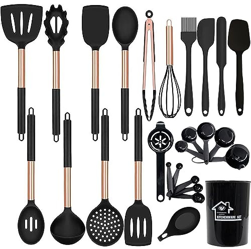 UXIYI Ensemble d'ustensiles de cuisine en silicone, 27 spatules avec poignée en acier inoxydable or rose, noir