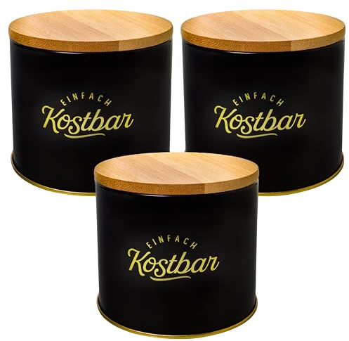 2friends 3er Set Klein Vorratsdosen Schwarz aus Metall, Schwarze Dose mit Deckel aus Bambus mit Silikondichtung - Langlebig & Luftdicht - Perfekt Metalldose für Lebensmittel, Innen: Goldfarbig