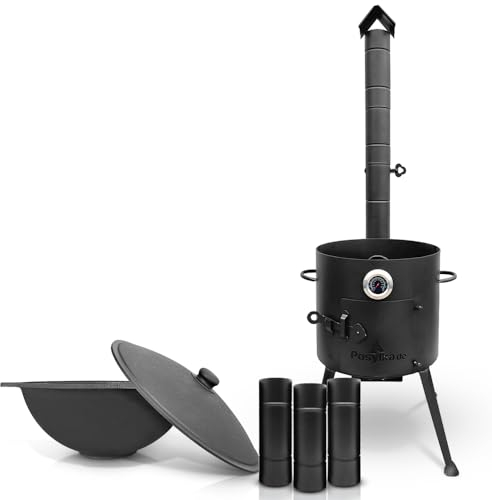 Feuerofen Ø 36 сm mit Thermometer und Schornsteinverlängerung 3 Stk x 25 cm Gusseisen Topf Kazan flacher Boden mit Deckel Ø 36,7 cm (10 L) KazanoFF, Учаг, Kazan, Gulaschkanone Dutch Oven (Set 1)