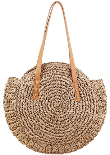 LATRAT Strohtasche, Damen Crossbody Tasche Retro Runde Strandtasche Shopper Korbtasche Groß Schultertasche, für Frauen Reisen Urlaub Freizeit Geflochten Tasche, Braun