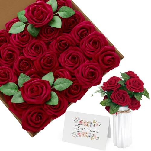 ilauke 30Pcs Red Artificial Roses With Stems and Card - Real Touch Foam Flowers for Wedding Bouquets, Party Table Centerpieces, Home Decorations