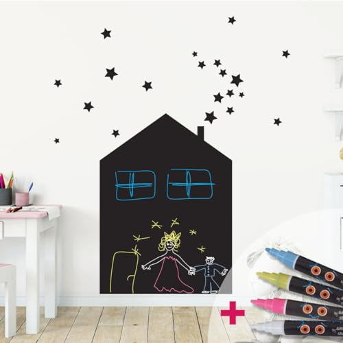 Ambiance Sticker Kreidetafel, selbstklebend, abwischbar, Haus und 20 Sterne – H 90 x L 65 cm + 4 Flüssigkreiden