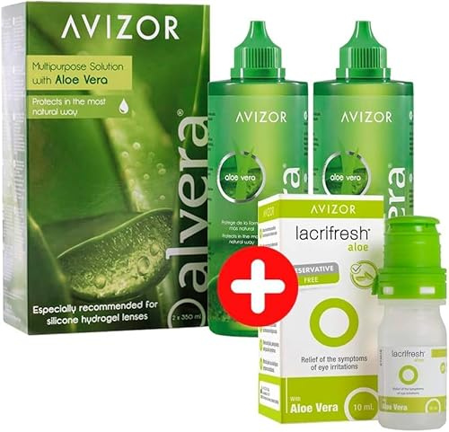 AVIZOR ALVERA Pack 2 Flaschen zu je 350 ml + AVIZOR LACRIFRESH Aloe Flasche zu 10 ml | Lösung zur Reinigung und Desinfektion von Kontaktlinsen + Augentropfen zur Linderung von Symptomen der Augenreizu