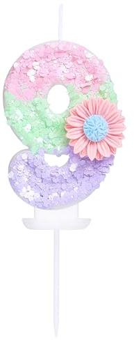 EAKE Geburtstagskerze mit Blume, Zahl 9 mit Blume, Candy Macaron Glitter 9 Kerze, Geburtstag, Mädchen, Frauen, süßes Thema, 9. Geburtstag, Hochzeit, Jahrestag, Party, Kuchendekoration, Dekoration