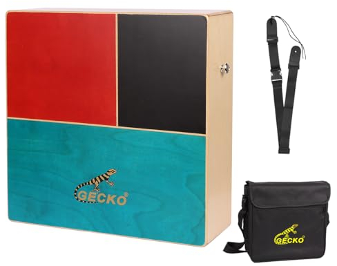 GECKO Cajon Drum Dual Sided Wooden Cajon with Bongo and Guitar String Sounds Portable Hand Percussion for Beginners and Professional Drummer Birke and Walnut Includes Carry Bag