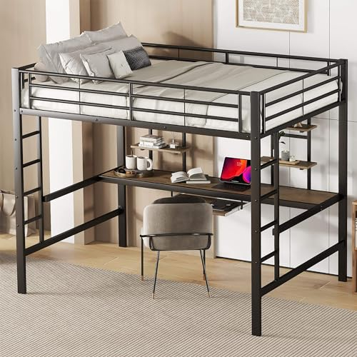 YCYDHDM Hochbett 140 x 200cm mit Schreibtisch und Regalen, Kinderhochbett Metallbett mit Rausfallschutz, Bettgestell aus Metall, Doppelbett jugendbett, Bett mit Lattenrost, Schwarz