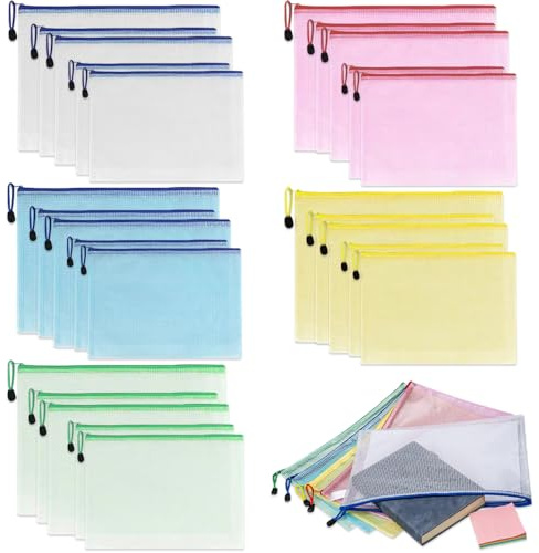 Dokumententasche, 25 Stücke Dokumententasche mit Reißverschluss A4 A5 A6, Zip Tasche, Wasserdichte Document Case, Reißverschlusstaschen Mesh Plastic Zip Bag für Büro Datei Papier Quittungen Bunte