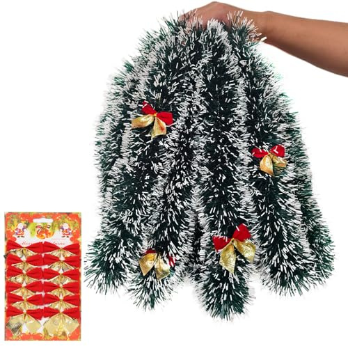 AMLOOPH Green Tinsel, 10m Thick Green Tinsel Garland For Christmas Tree Decorations, Chunky Christmas Garland With White-Edged and 12 Red Bows For Stairs Ceiling Door Home Decoration