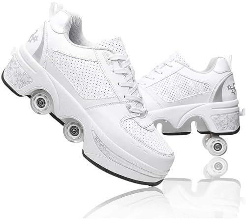 HEFAM Rollschuhe Schuhe Mädchen,Schuhe mit Rädern für Jungen,Outdoor Skating Schuhe Erwachsene,Verstellbare 2 in 1 Trainer Skates,Walk Deformation Schuhe,Outdoor Running Schuhe,Weiß,38EU